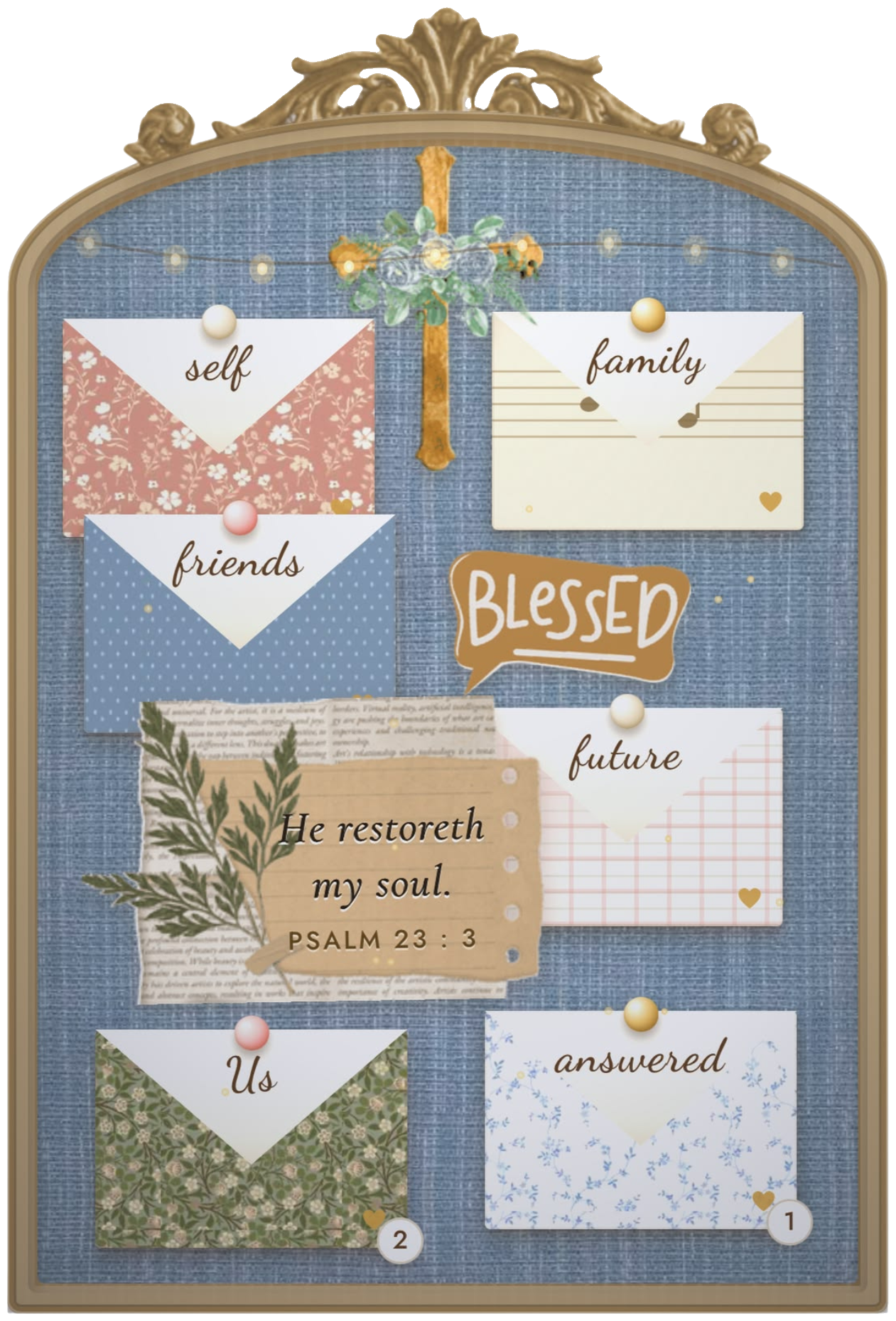 A Willow Chapel prayer board: a gold arched frame on blue linen, holding envelopes labelled self, family, friends, future, us and answered, with a scripture card, greenery and a cross