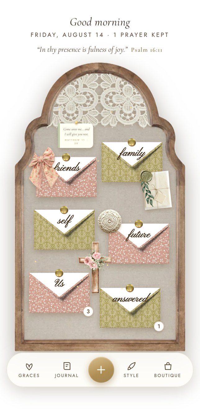 Willow Chapel app — a designed prayer board with a little envelope for each person you love
