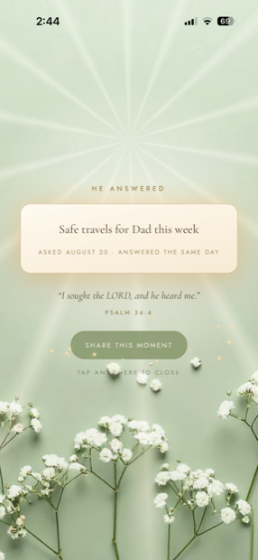 A prayer marked answered in Willow Chapel, kept as a keepsake