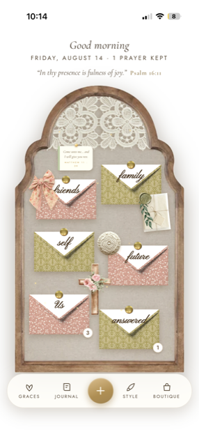 A prayer board with envelopes labelled self, family, friends and future